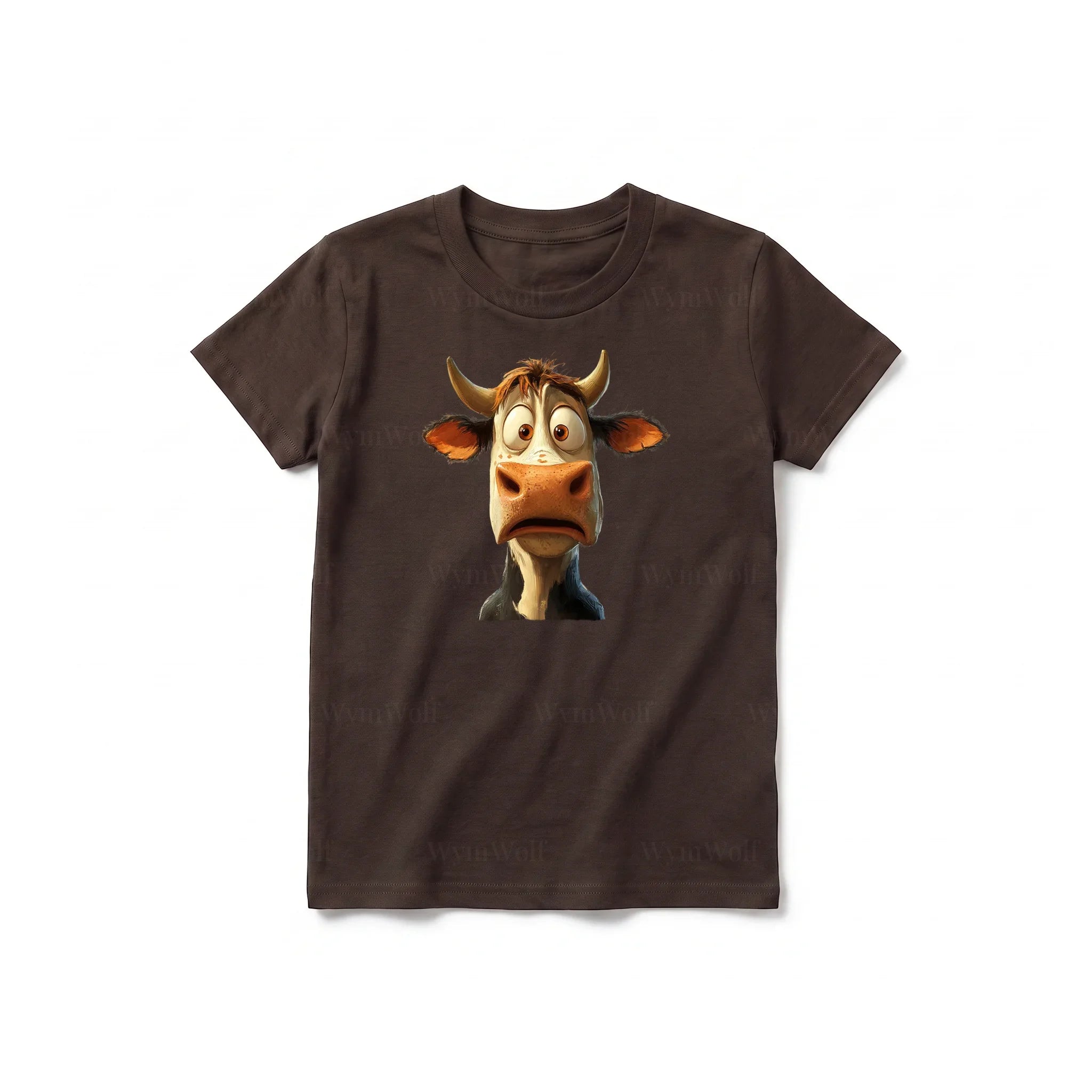 Un T-shirt chocolat à manches courtes et col rond pour jeune, orné d'un motif représentant un animal de la ferme sur le devant.
