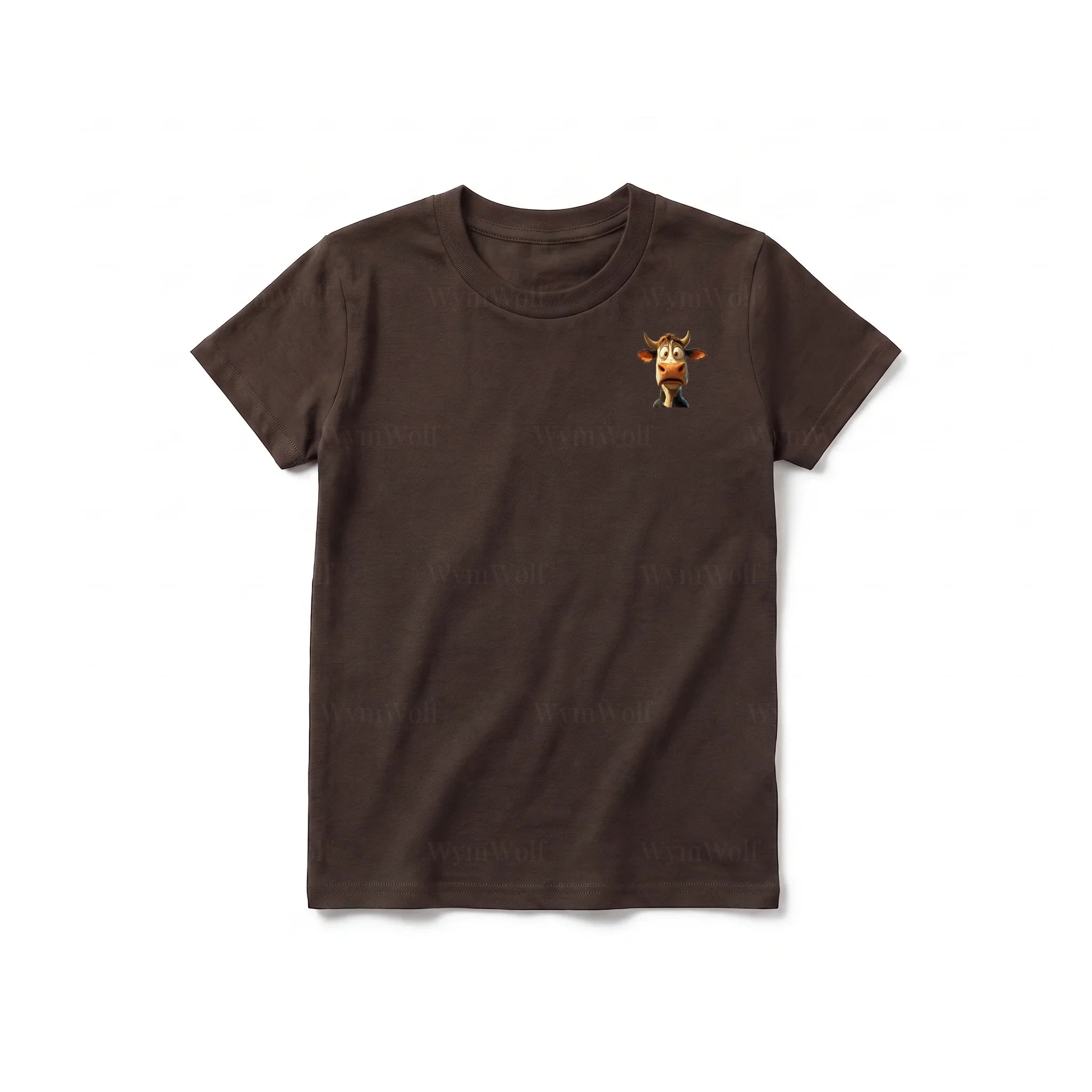 Un T-shirt chocolat à manches courtes et col rond pour jeune, orné d'un motif représentant un animal de la ferme sur la poitrine gauche.