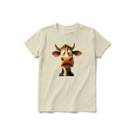 A latte short-sleeve crewneck t-shirt for youth featuring a graphic of a farm animal on the front.