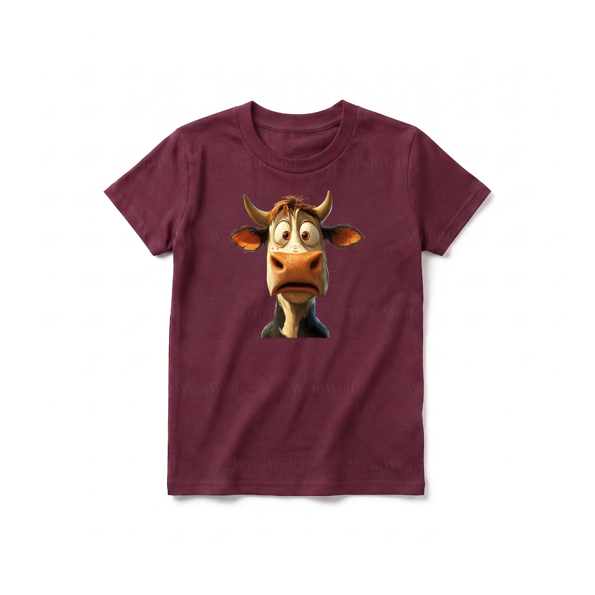 A maroon short-sleeve crewneck t-shirt for youth featuring a graphic of a farm animal on the front.