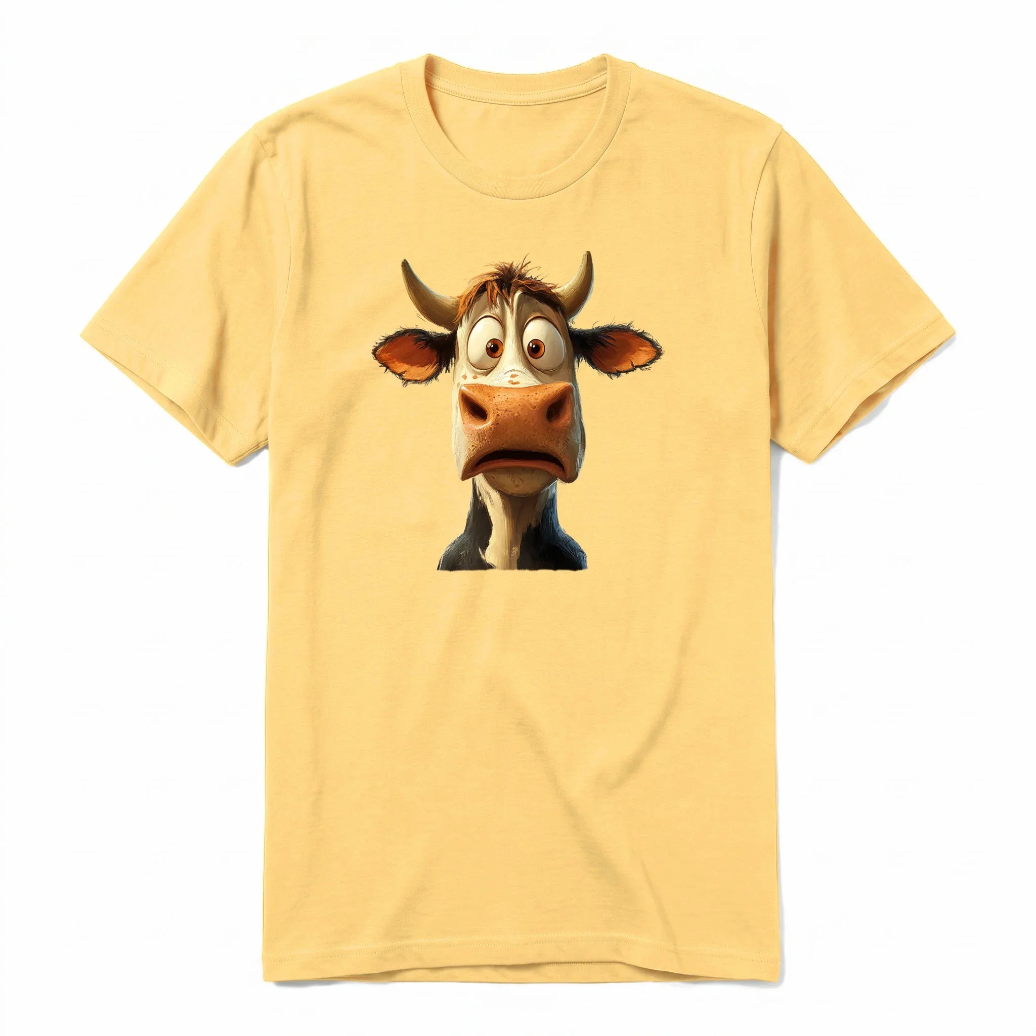 A mustard short-sleeve crewneck t-shirt for adult featuring a graphic of a farm animal on the front.