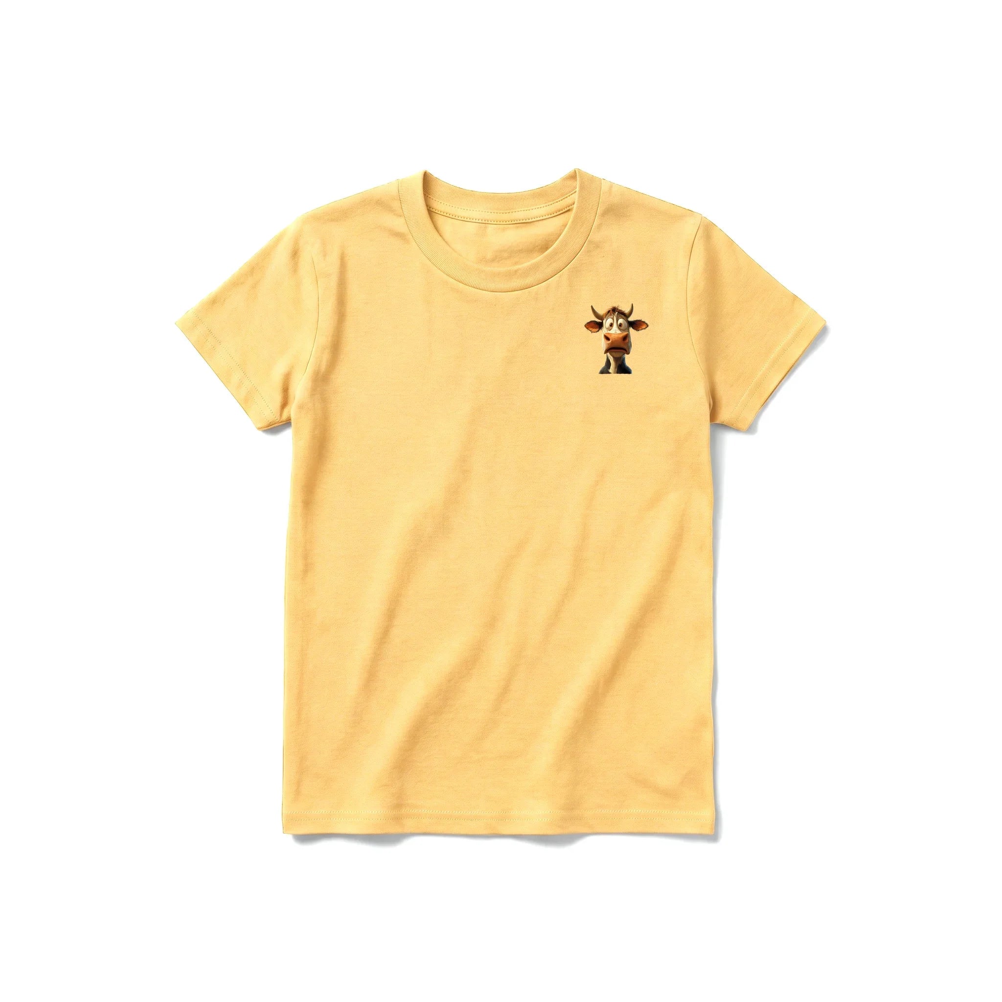 A mustard short-sleeve crewneck t-shirt for youth featuring a graphic of a farm animal on the left chest.