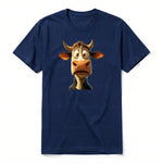 A navy short-sleeve crewneck t-shirt for adult featuring a graphic of a farm animal on the front.