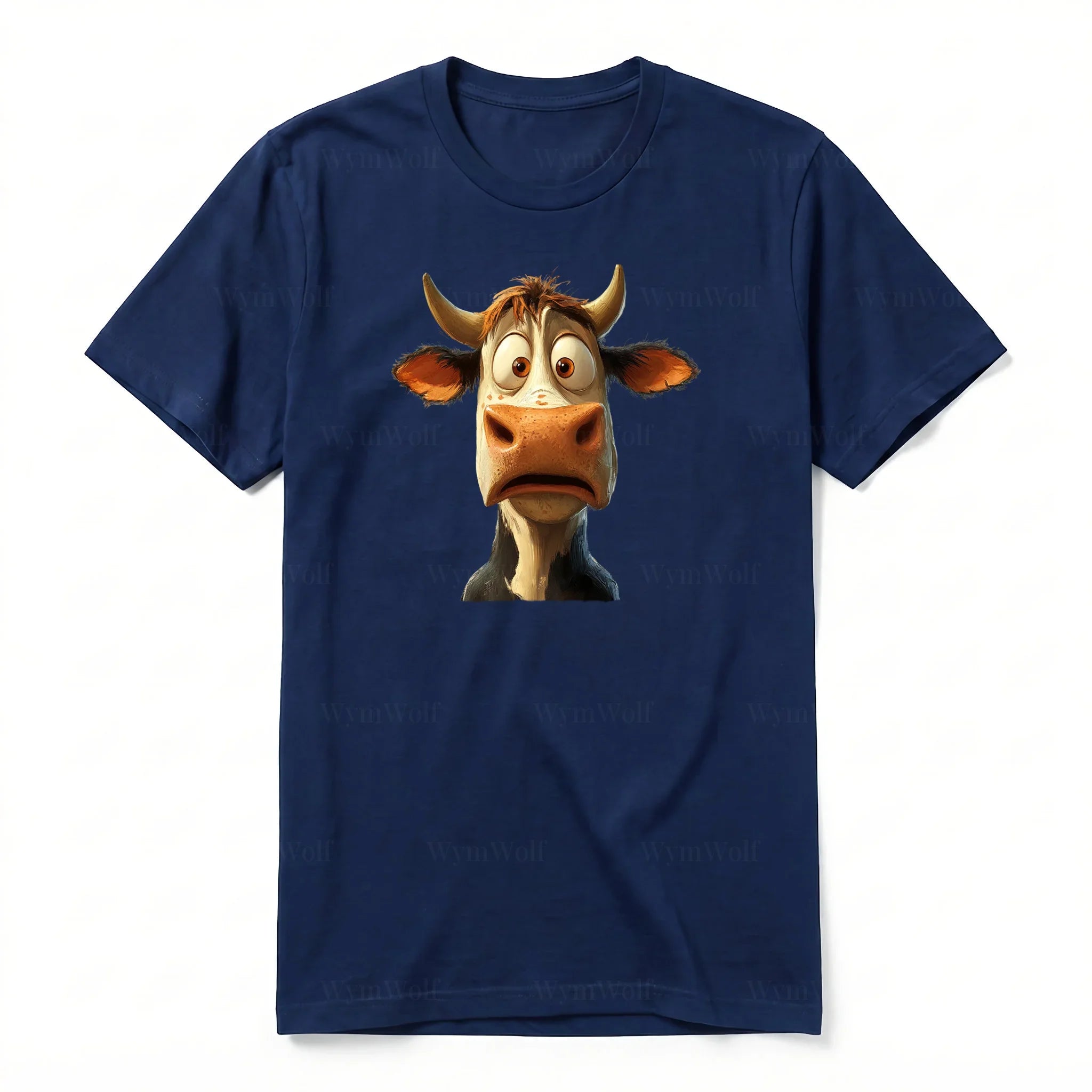 A navy short-sleeve crewneck t-shirt for adult featuring a graphic of a farm animal on the front.