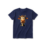 A navy short-sleeve crewneck t-shirt for youth featuring a graphic of a farm animal on the front.