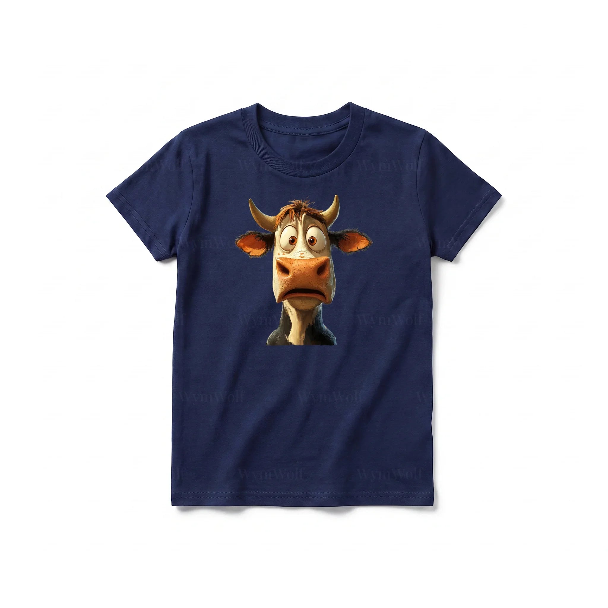 A navy short-sleeve crewneck t-shirt for youth featuring a graphic of a farm animal on the front.