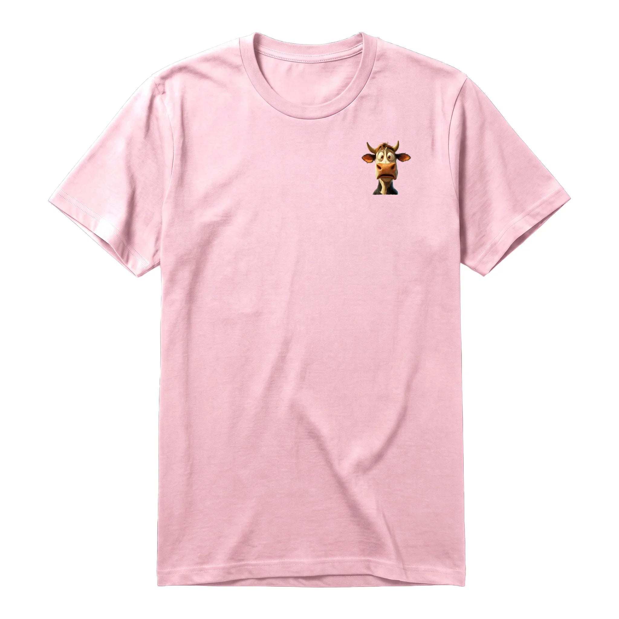 A pink short-sleeve crewneck t-shirt for adult featuring a graphic of a farm animal on the left chest.