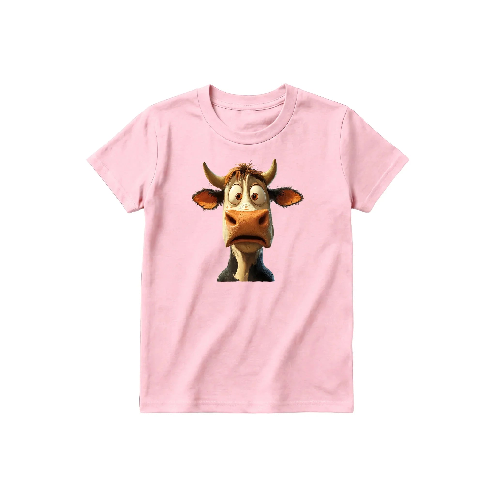 A pink short-sleeve crewneck t-shirt for youth featuring a graphic of a farm animal on the front.