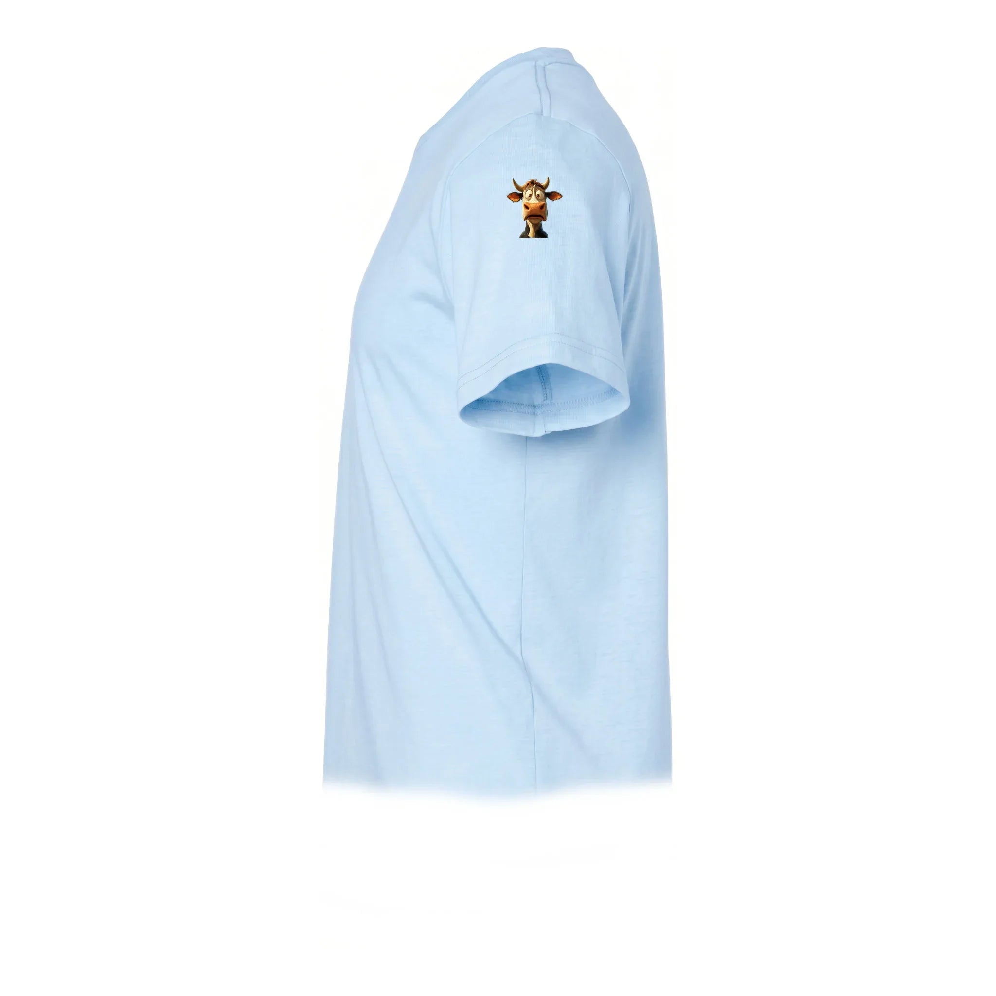 A powder short-sleeve crewneck t-shirt  featuring a small graphic of a farm animal on the upper left sleeve.