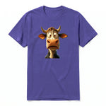 A purple short-sleeve crewneck t-shirt for adult featuring a graphic of a farm animal on the front.