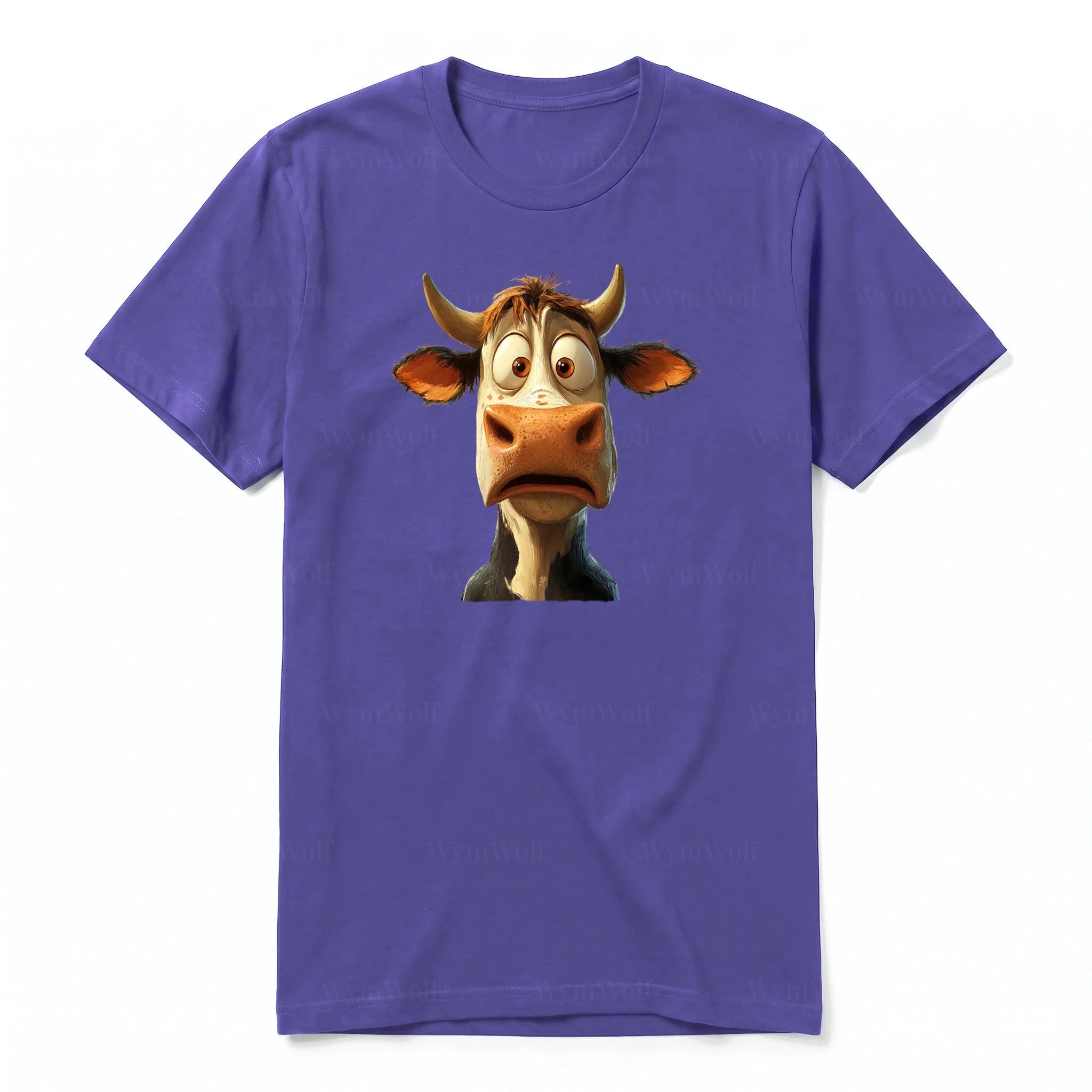 A purple short-sleeve crewneck t-shirt for adult featuring a graphic of a farm animal on the front.