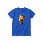 A royal short-sleeve crewneck t-shirt for youth featuring a graphic of a farm animal on the front.
