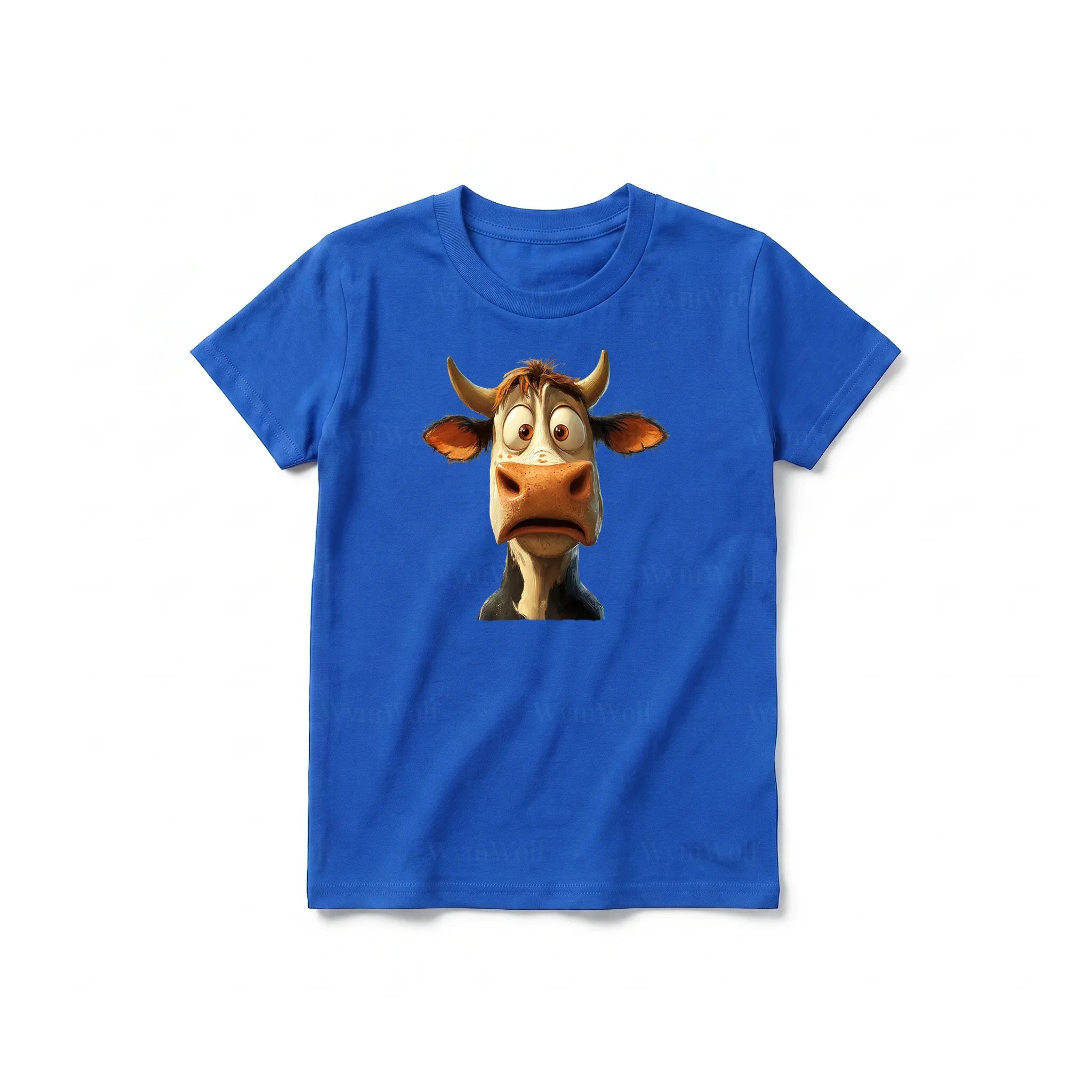 A royal short-sleeve crewneck t-shirt for youth featuring a graphic of a farm animal on the front.