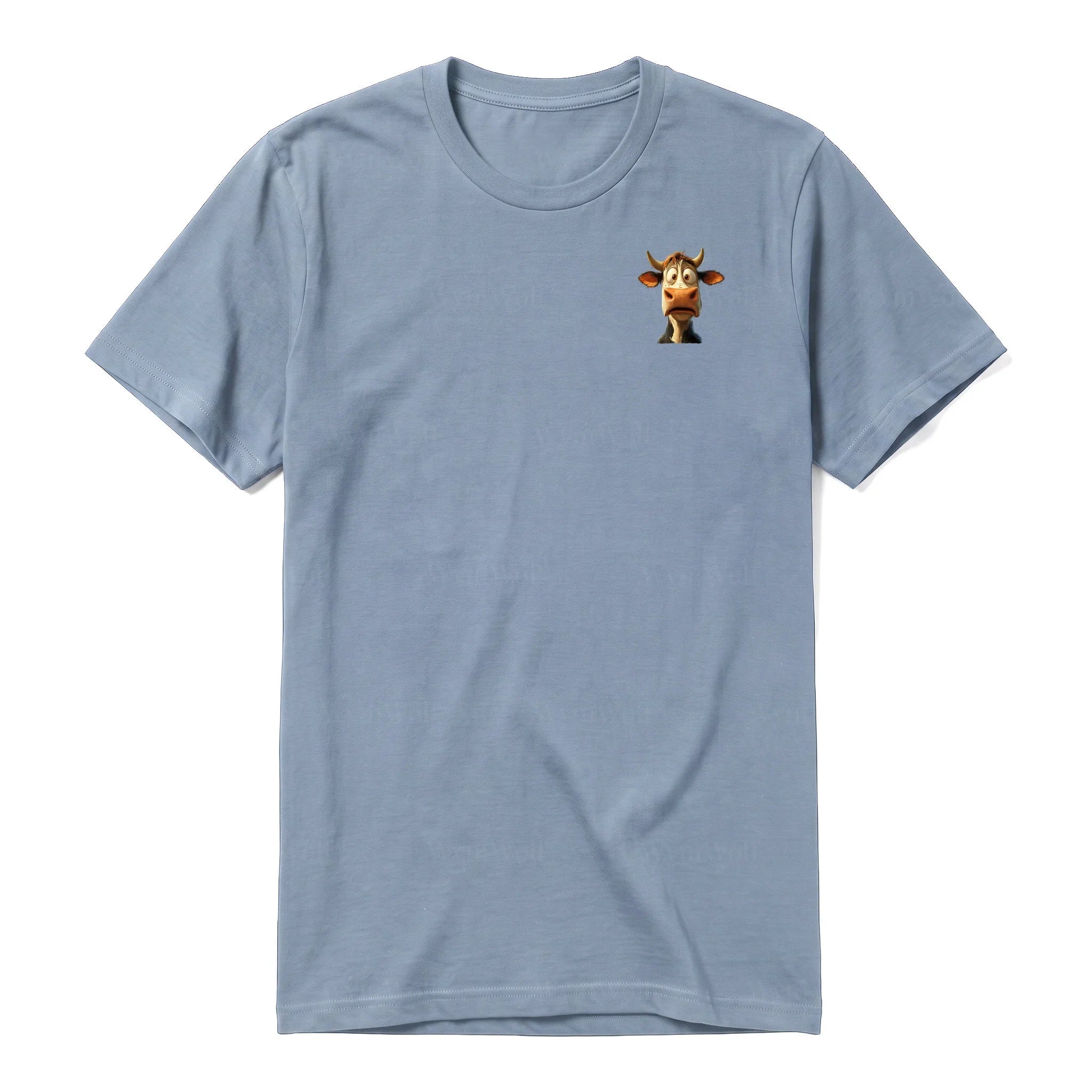 Un T-shirt steel-blue à manches courtes et col rond, orné d'un motif représentant un animal de la ferme sur la poitrine gauche.