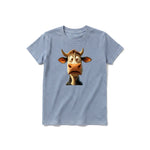 Un T-shirt steel-blue à manches courtes et col rond pour jeune, orné d'un motif représentant un animal de la ferme sur le devant.