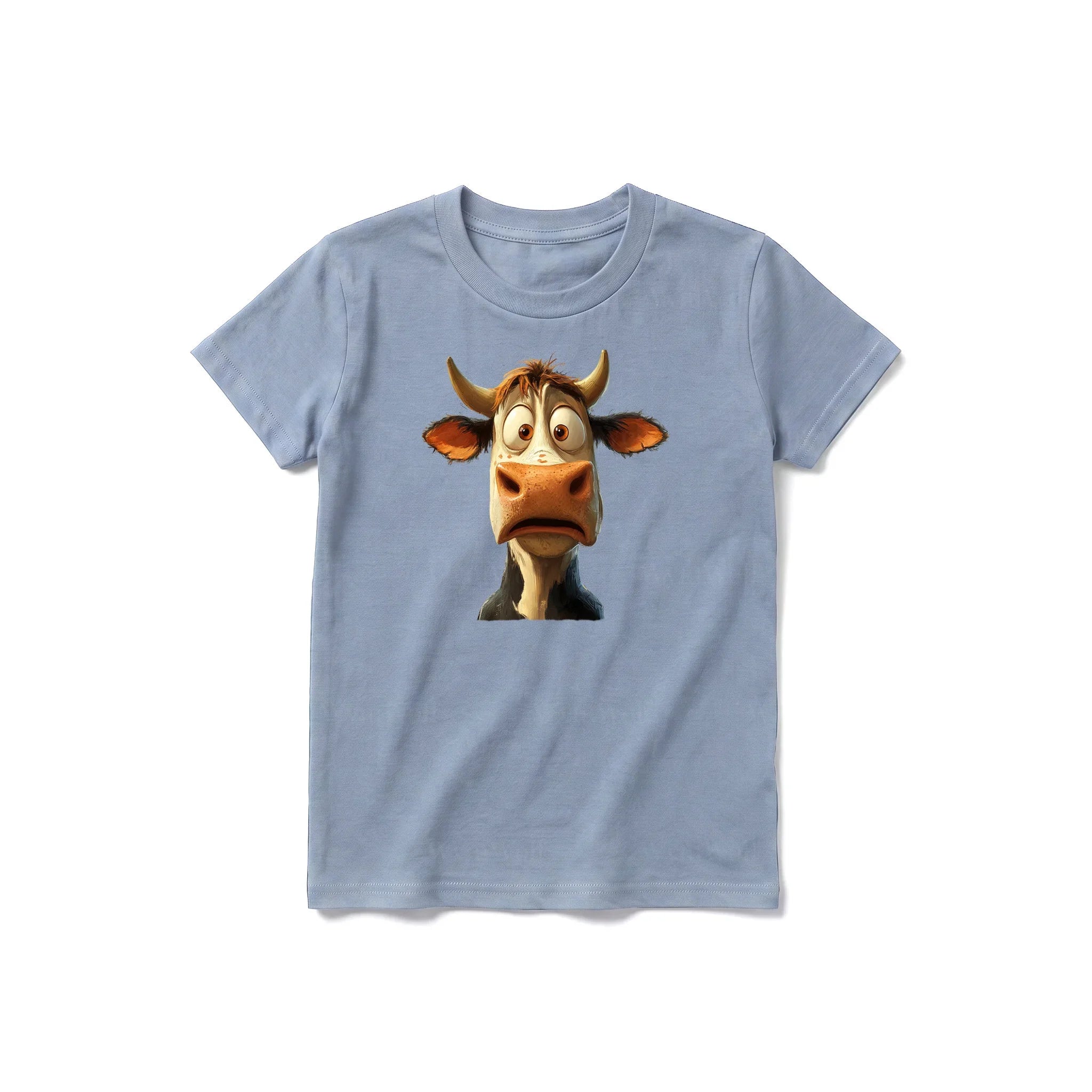Un T-shirt steel-blue à manches courtes et col rond pour jeune, orné d'un motif représentant un animal de la ferme sur le devant.