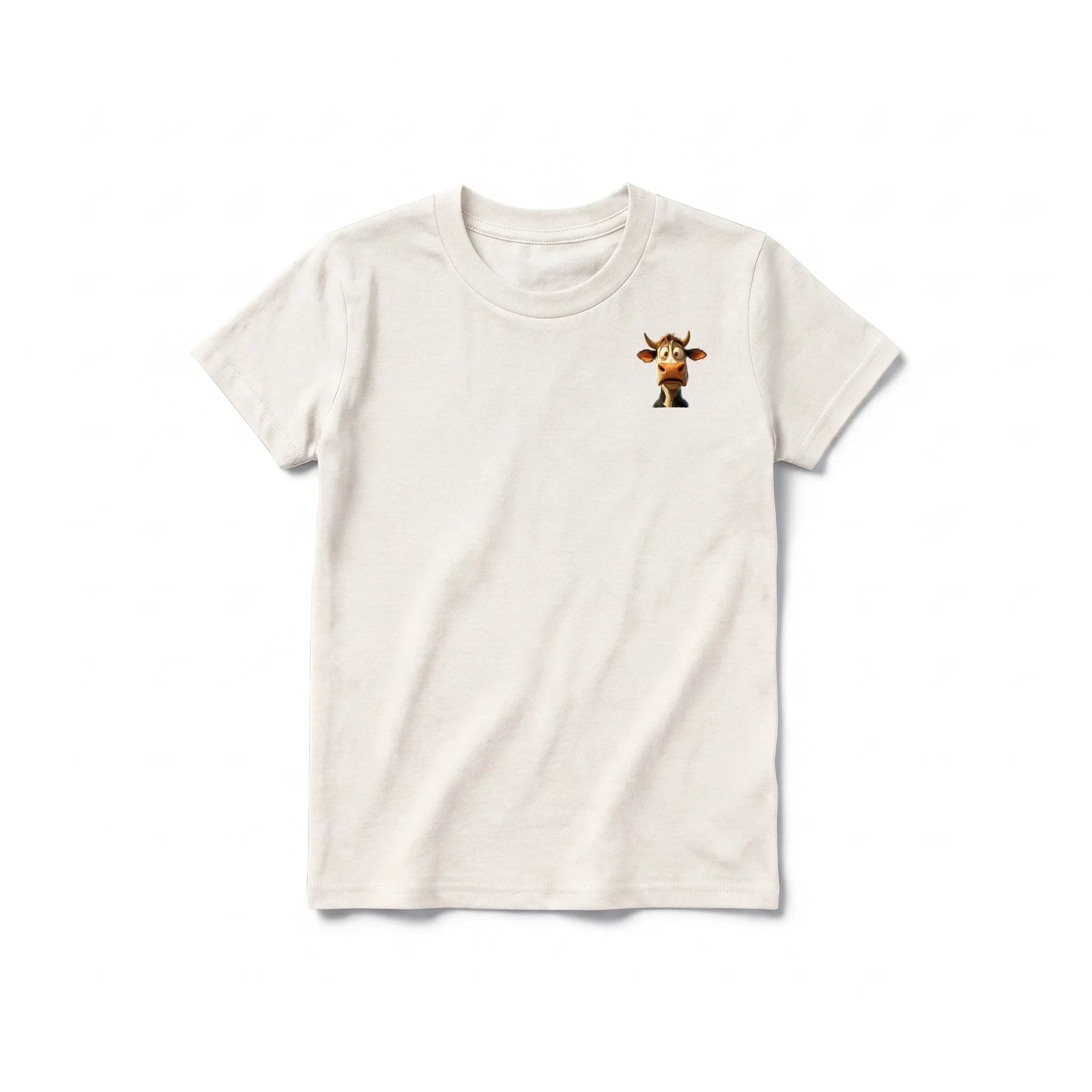 Un T-shirt blanc vintage à manches courtes et col rond pour jeune, orné d'un motif représentant un animal de la ferme sur la poitrine gauche.