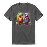 A charcoal short-sleeve crewneck t-shirt for adult featuring a graphic of a quirky bird on the front.