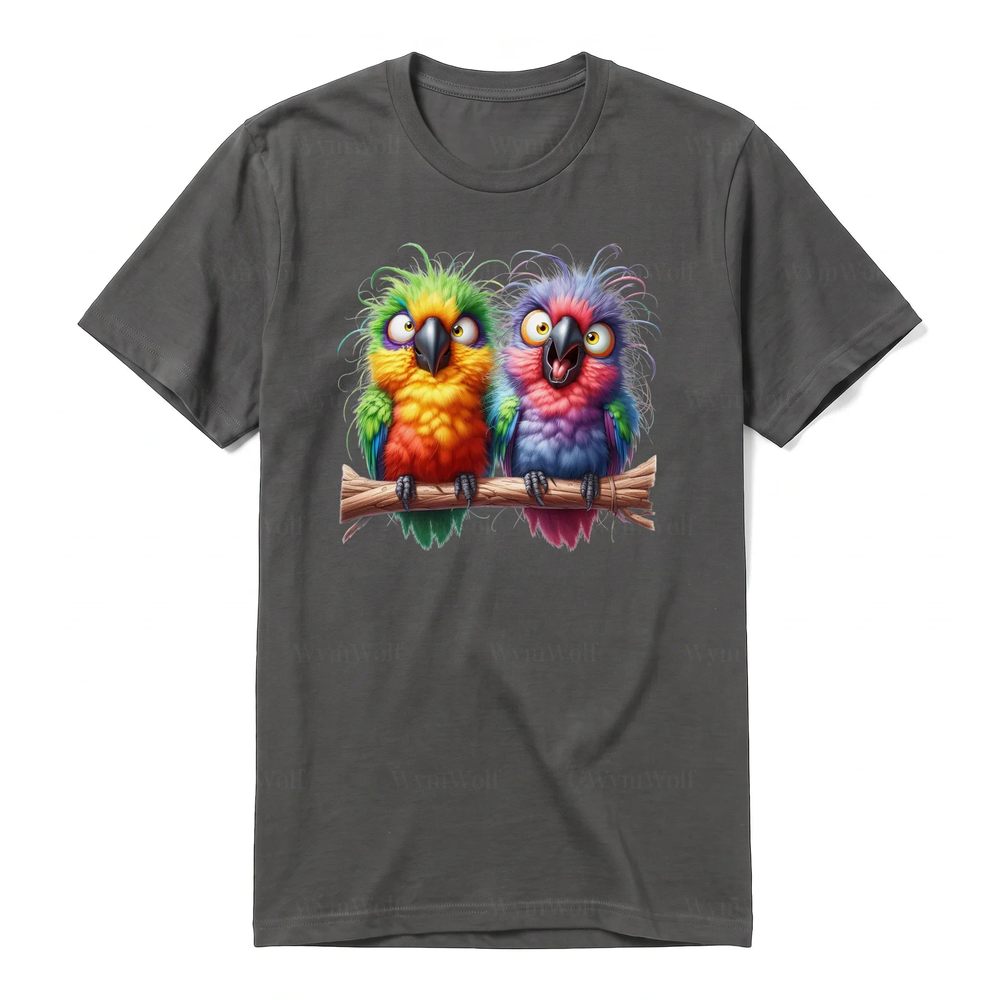 A charcoal short-sleeve crewneck t-shirt for adult featuring a graphic of a quirky bird on the front.