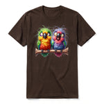 A chocolate short-sleeve crewneck t-shirt for adult featuring a graphic of a quirky bird on the front.