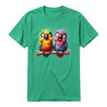 A kelly short-sleeve crewneck t-shirt for adult featuring a graphic of a quirky bird on the front.