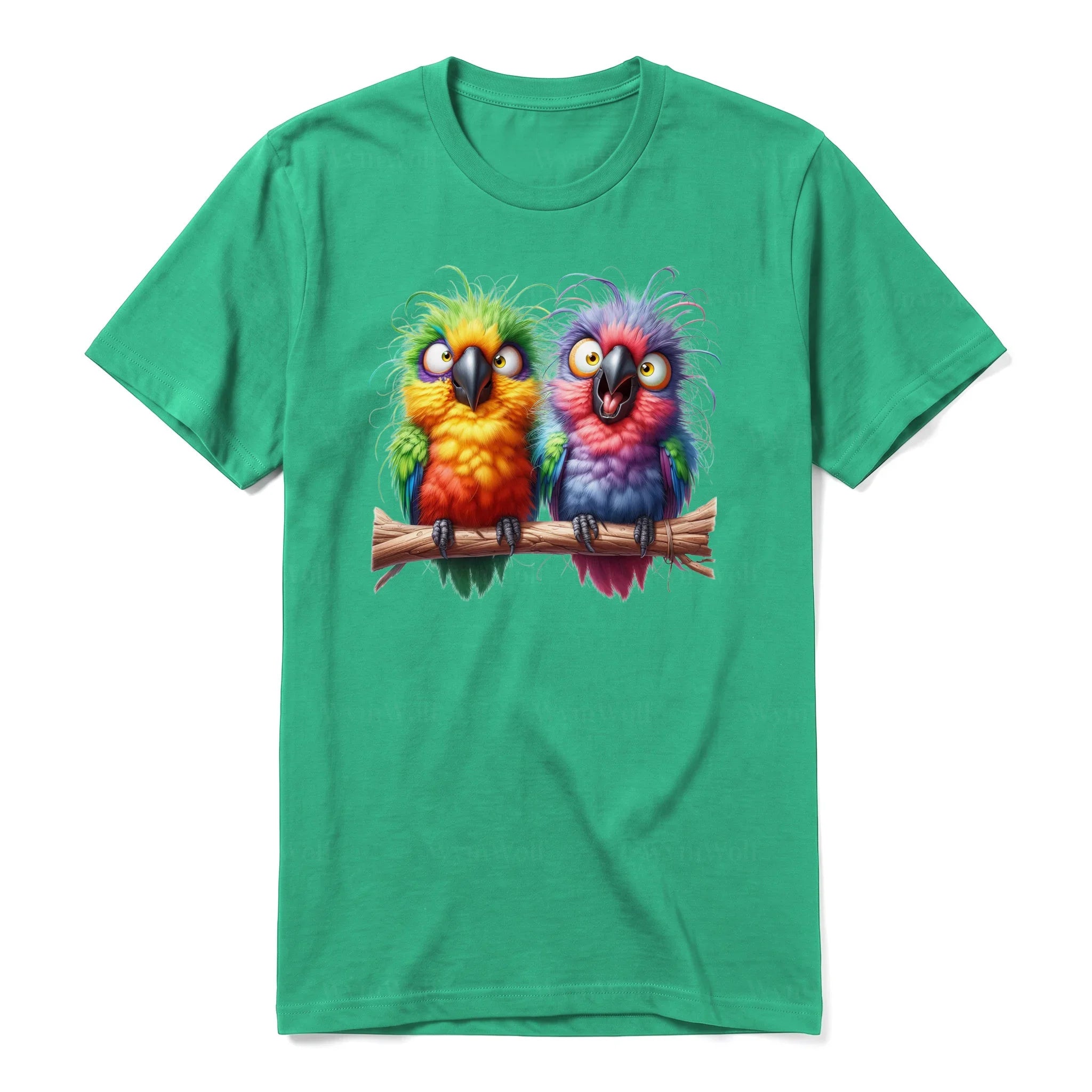 A kelly short-sleeve crewneck t-shirt for adult featuring a graphic of a quirky bird on the front.