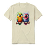 A latte short-sleeve crewneck t-shirt for adult featuring a graphic of a quirky bird on the front.