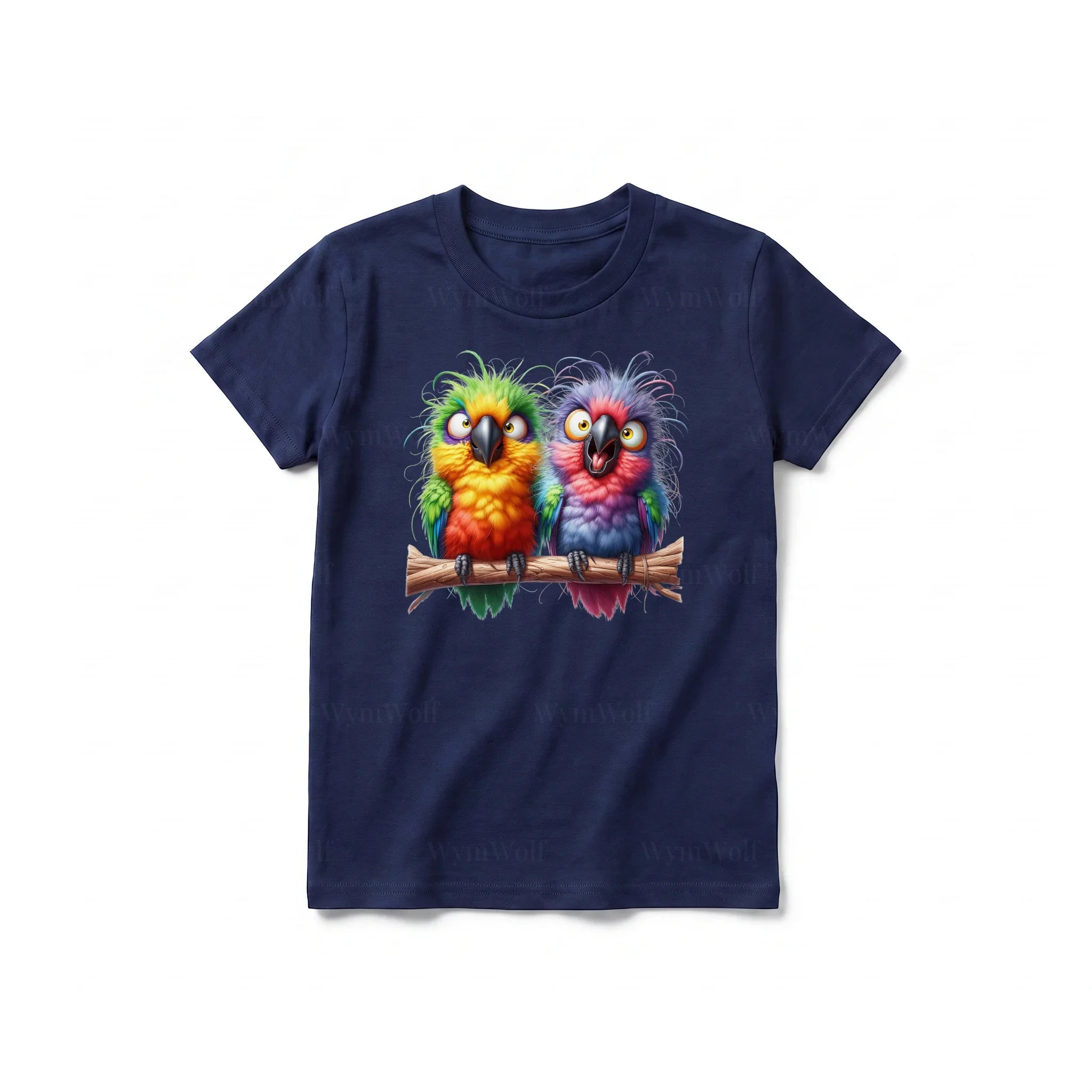 A navy short-sleeve crewneck t-shirt for youth featuring a graphic of a quirky bird on the front.