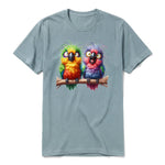 A sage short-sleeve crewneck t-shirt for adult featuring a graphic of a quirky bird on the front.
