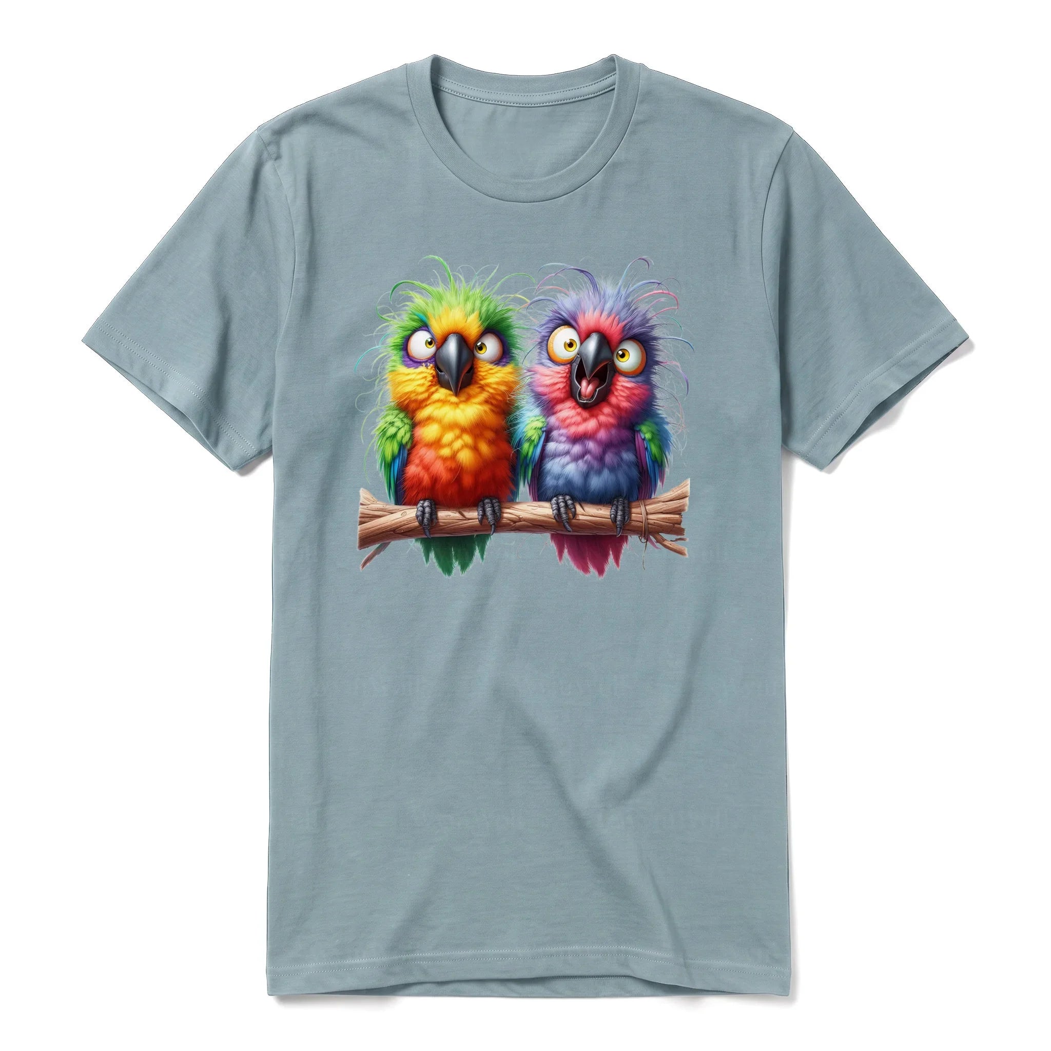 A sage short-sleeve crewneck t-shirt for adult featuring a graphic of a quirky bird on the front.