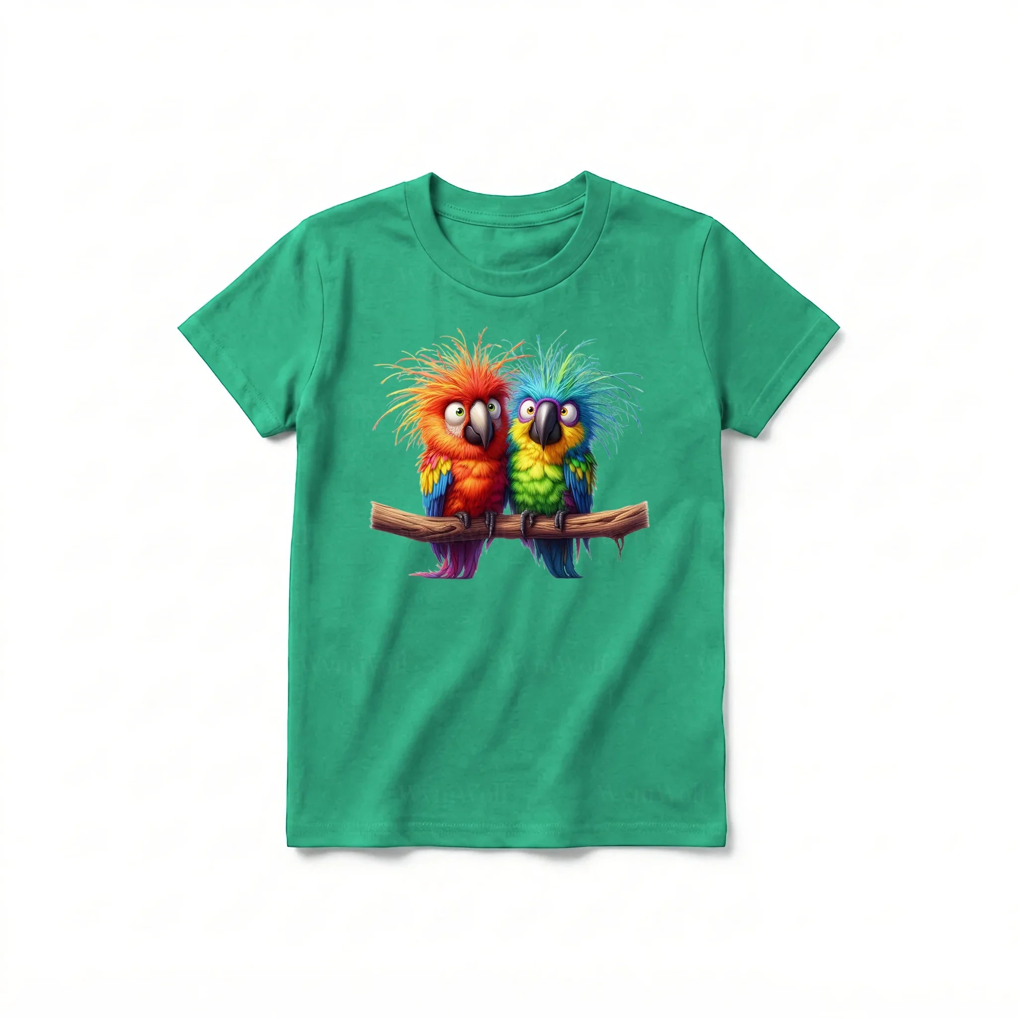 Un T-shirt kelly à manches courtes et col rond pour jeune, orné d'un motif représentant un oiseau excentrique sur le devant.