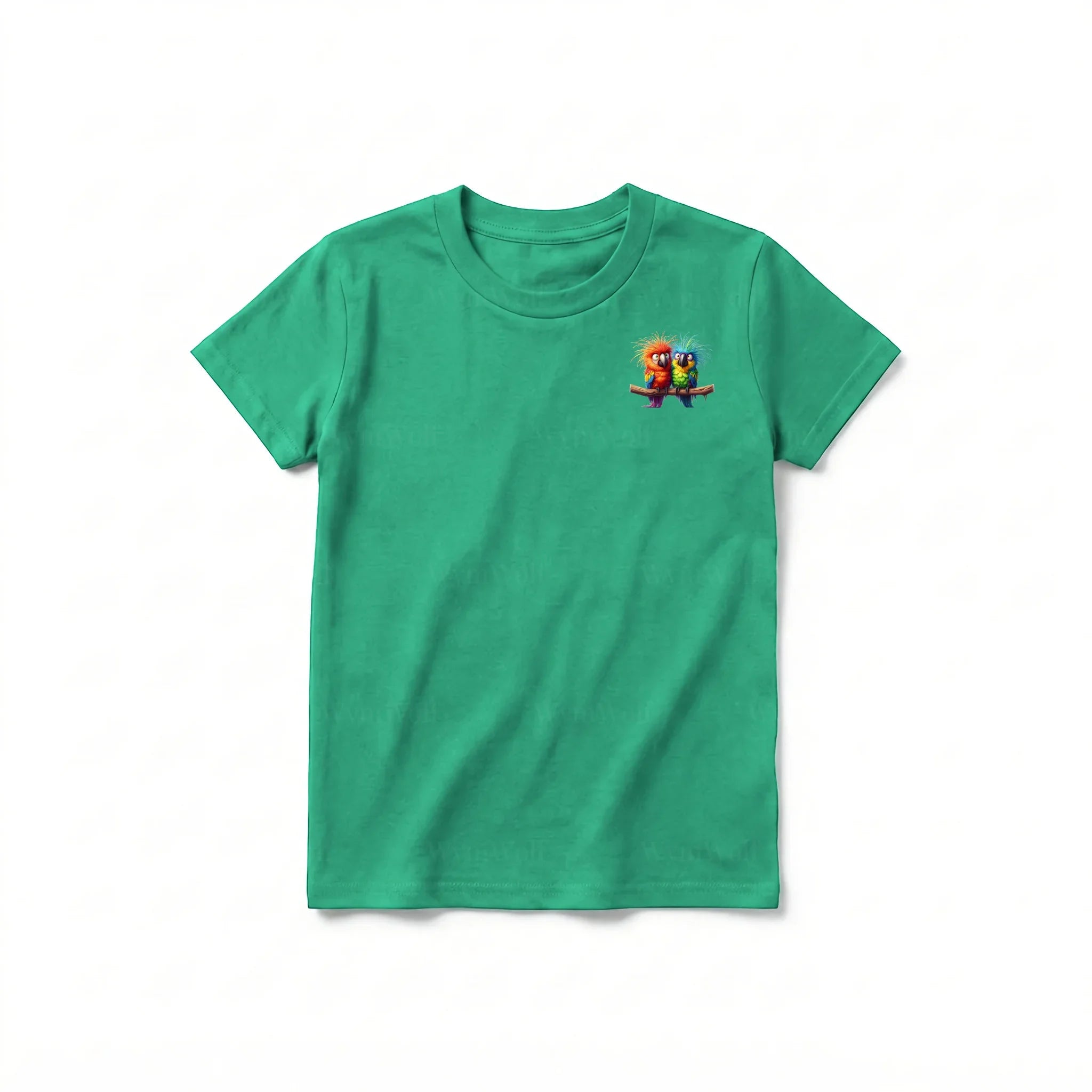Un T-shirt kelly à manches courtes et col rond pour jeune, orné d'un motif représentant un oiseau excentrique sur la poitrine gauche.