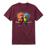 A maroon short-sleeve crewneck t-shirt for adult featuring a graphic of a quirky bird on the front.
