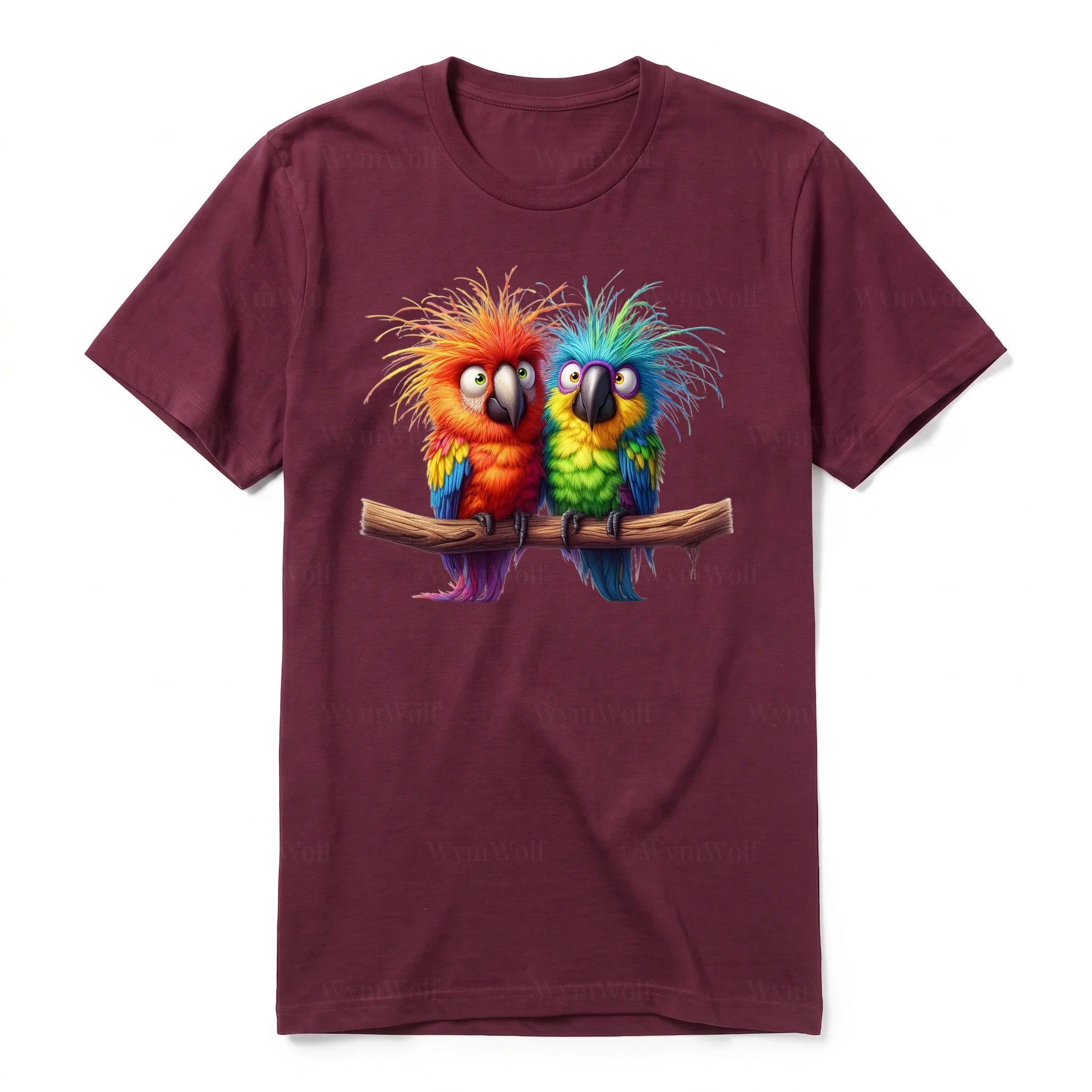 A maroon short-sleeve crewneck t-shirt for adult featuring a graphic of a quirky bird on the front.