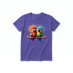 A purple short-sleeve crewneck t-shirt for youth featuring a graphic of a quirky bird on the front.