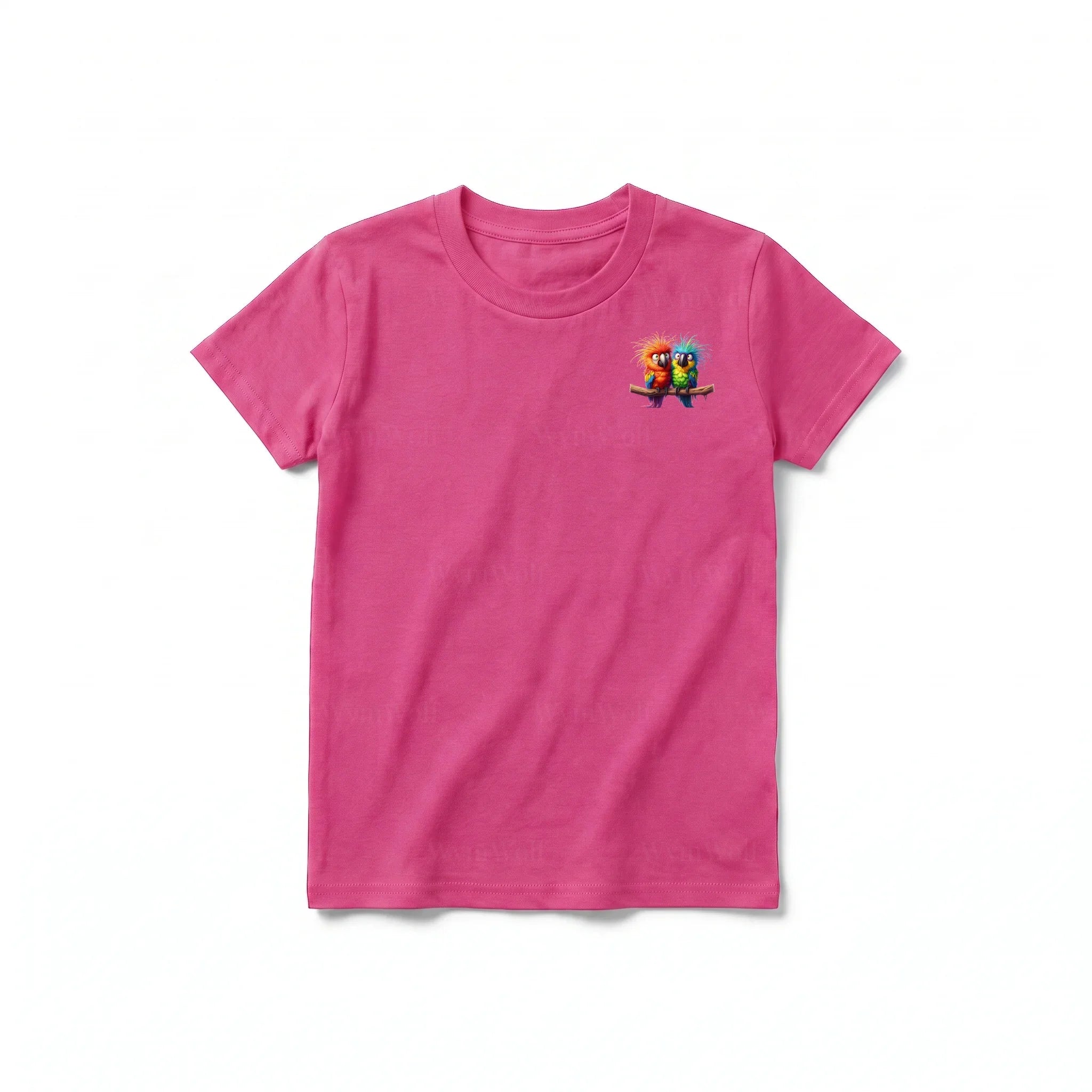 Un T-shirt framboise à manches courtes et col rond pour jeune, orné d'un motif représentant un oiseau excentrique sur la poitrine gauche.