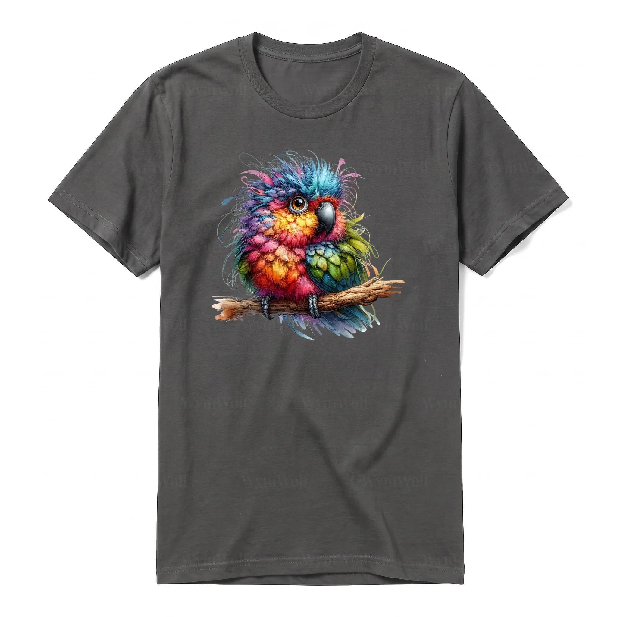 Un T-shirt charbon à manches courtes et col rond, orné d'un motif représentant un oiseau excentrique sur le devant.