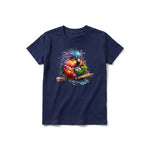 A navy short-sleeve crewneck t-shirt for youth featuring a graphic of a quirky bird on the front.