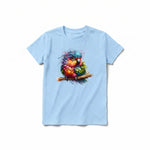 A powder short-sleeve crewneck t-shirt for youth featuring a graphic of a quirky bird on the front.