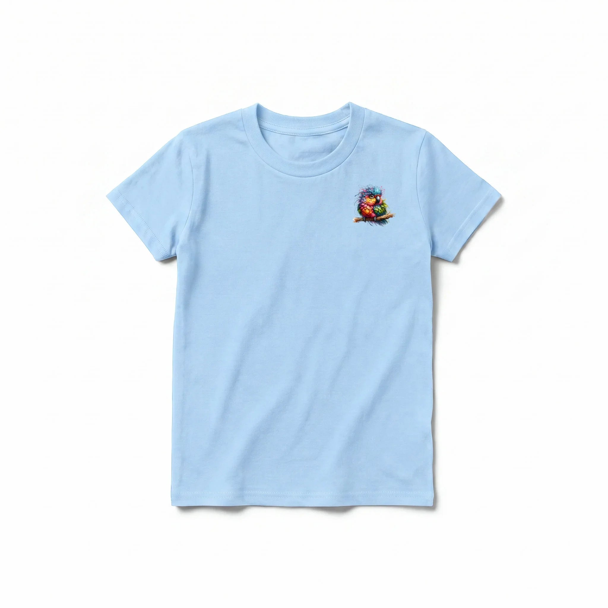 A powder short-sleeve crewneck t-shirt for youth featuring a graphic of a quirky bird on the left chest.