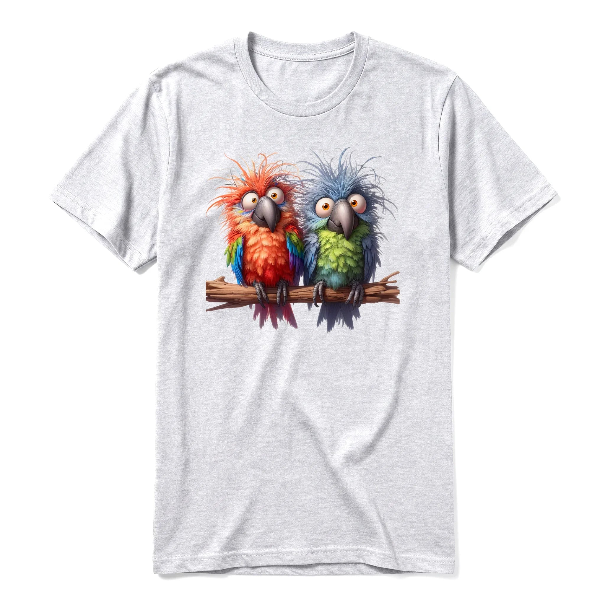 A ash grey short-sleeve crewneck t-shirt for adult featuring a graphic of a quirky bird on the front.
