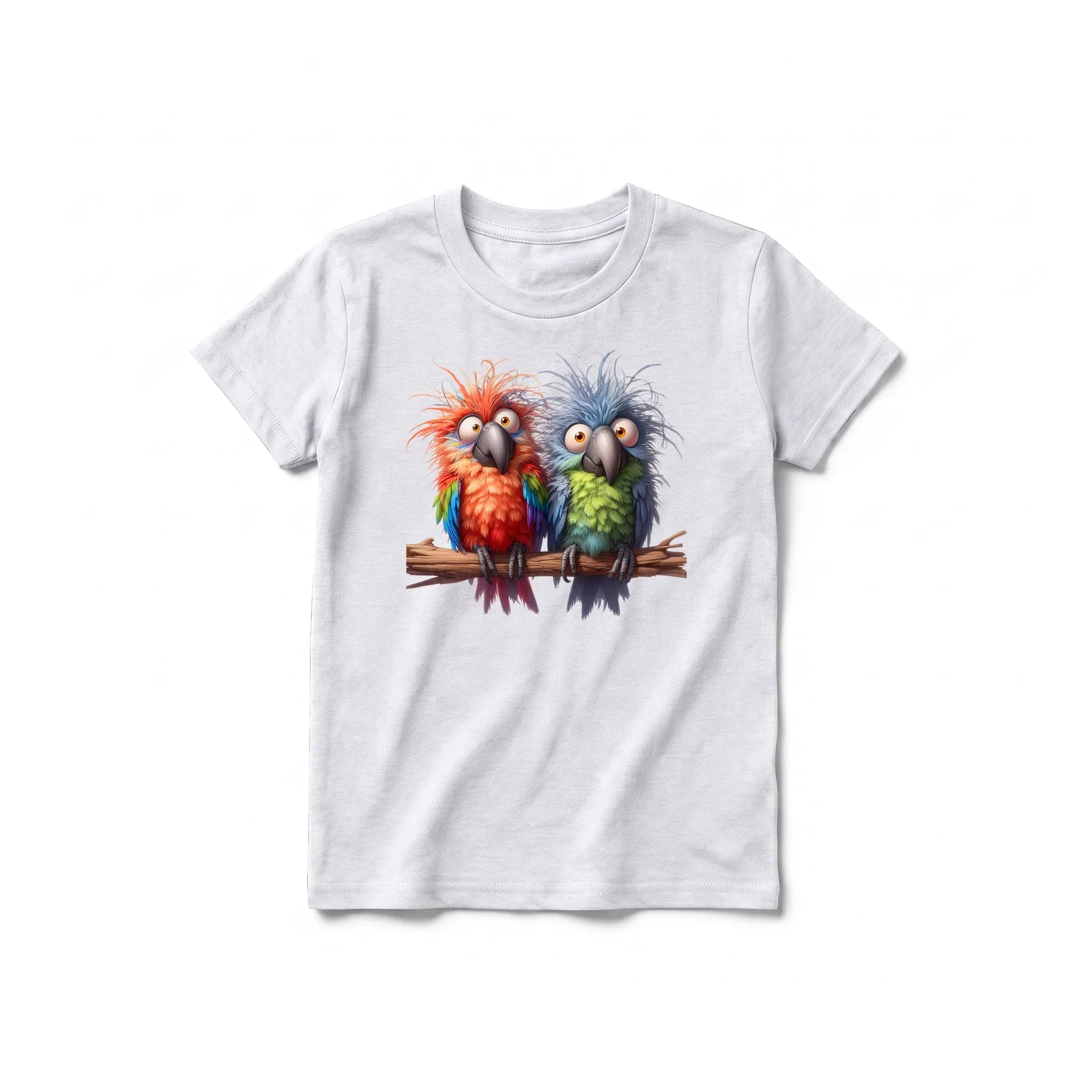 A ash grey short-sleeve crewneck t-shirt for youth featuring a graphic of a quirky bird on the front.