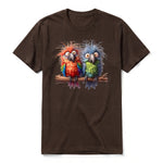 A chocolate short-sleeve crewneck t-shirt for adult featuring a graphic of a quirky bird on the front.