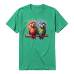 A kelly short-sleeve crewneck t-shirt for adult featuring a graphic of a quirky bird on the front.