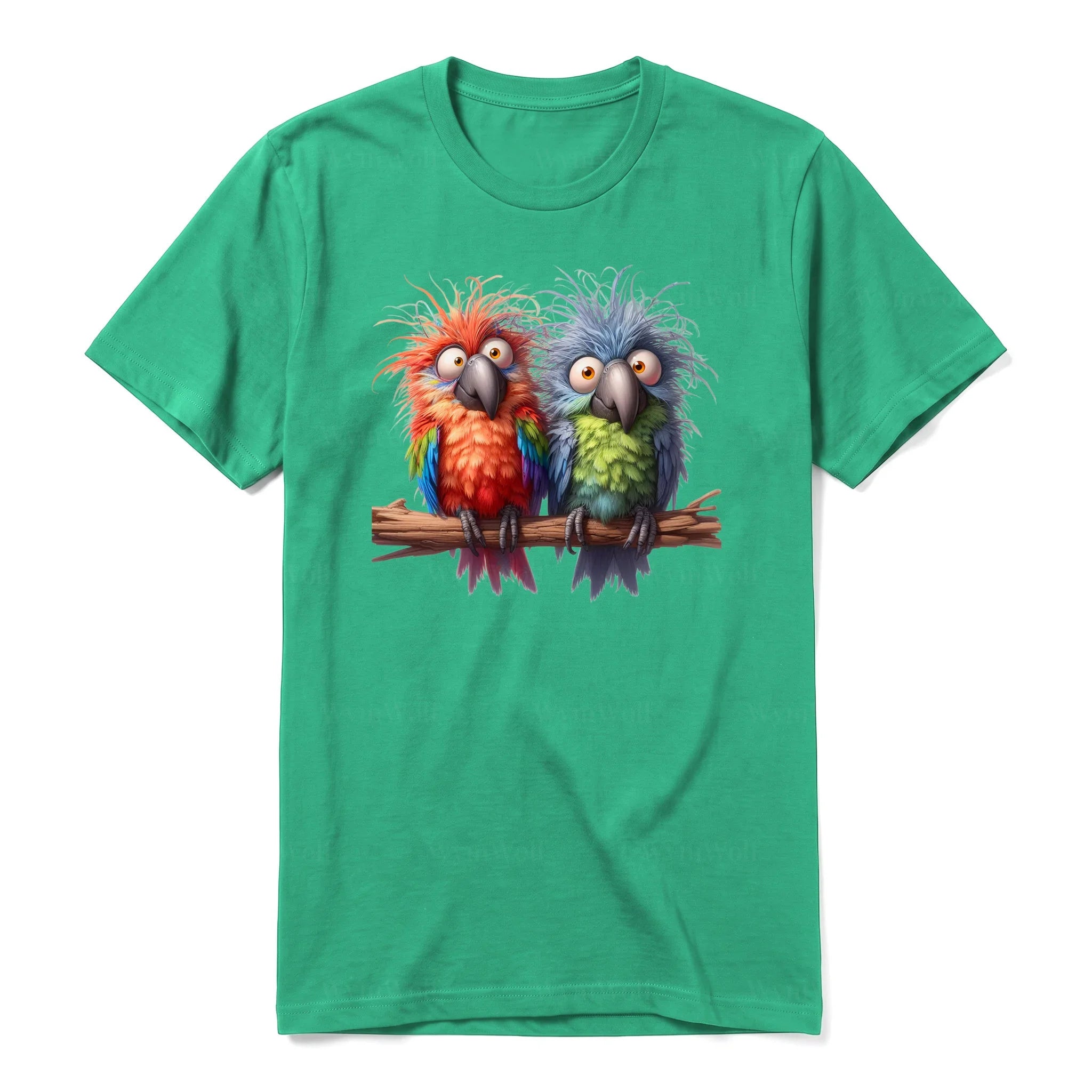 A kelly short-sleeve crewneck t-shirt for adult featuring a graphic of a quirky bird on the front.