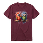 A maroon short-sleeve crewneck t-shirt for adult featuring a graphic of a quirky bird on the front.