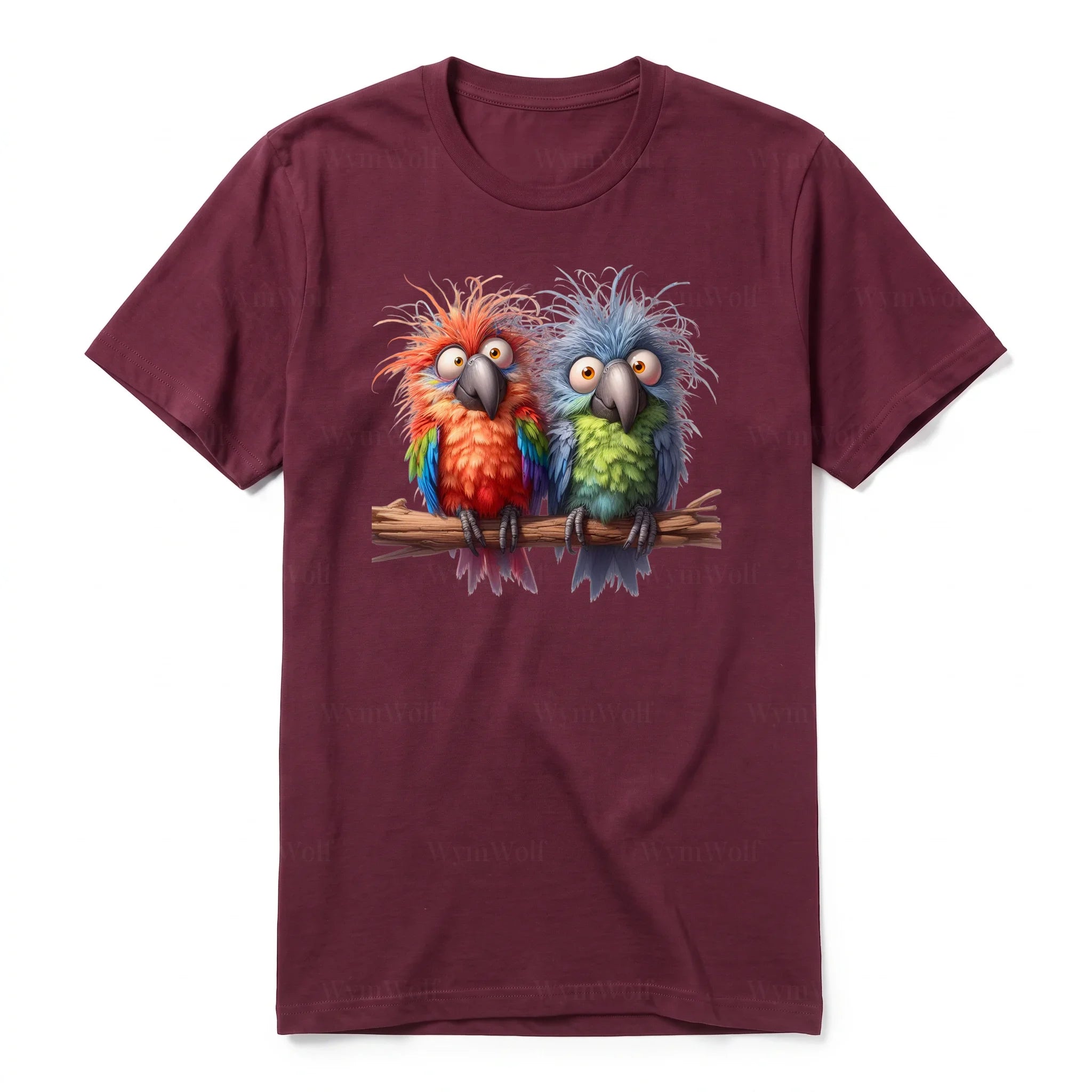 A maroon short-sleeve crewneck t-shirt for adult featuring a graphic of a quirky bird on the front.
