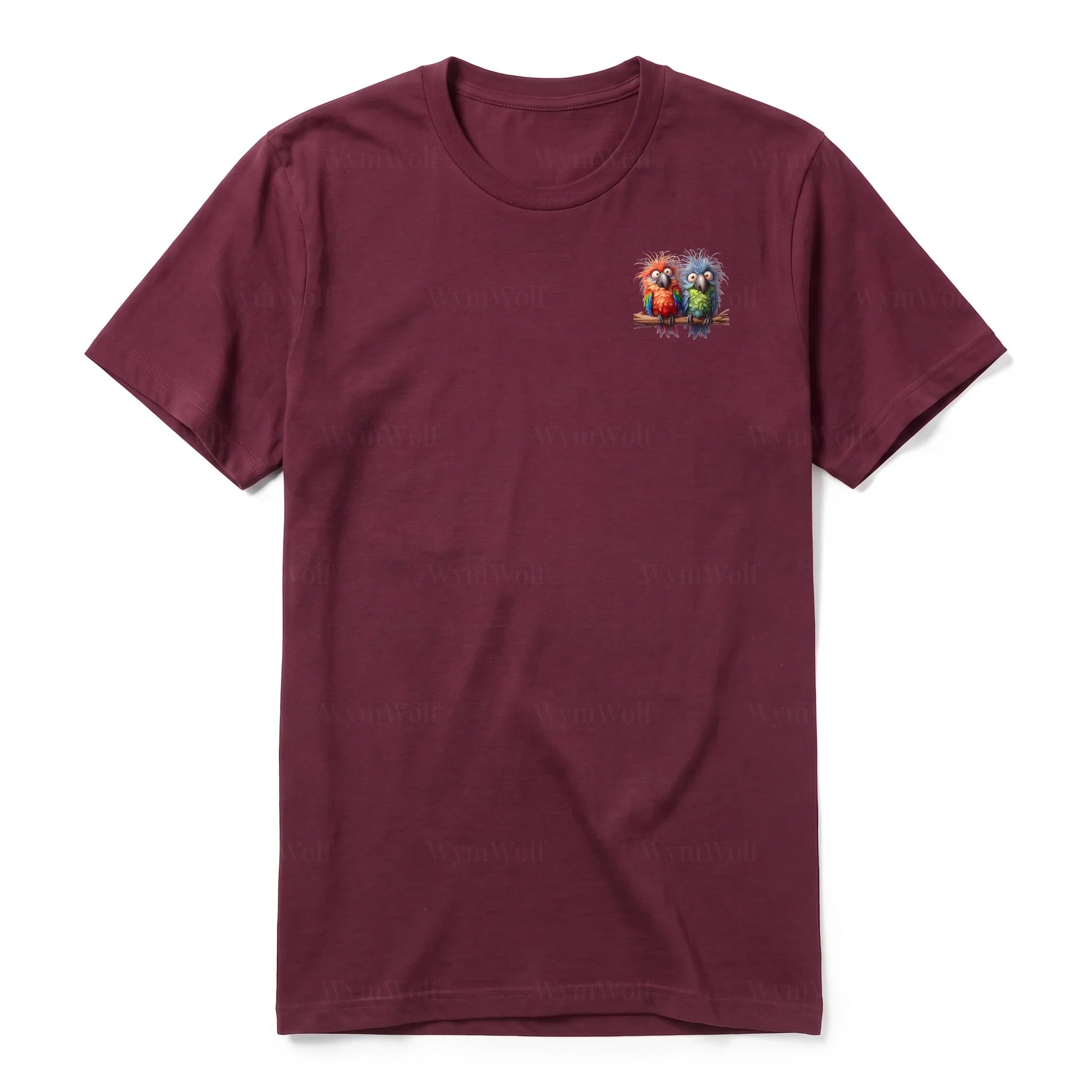 A maroon short-sleeve crewneck t-shirt for adult featuring a graphic of a quirky bird on the left chest.