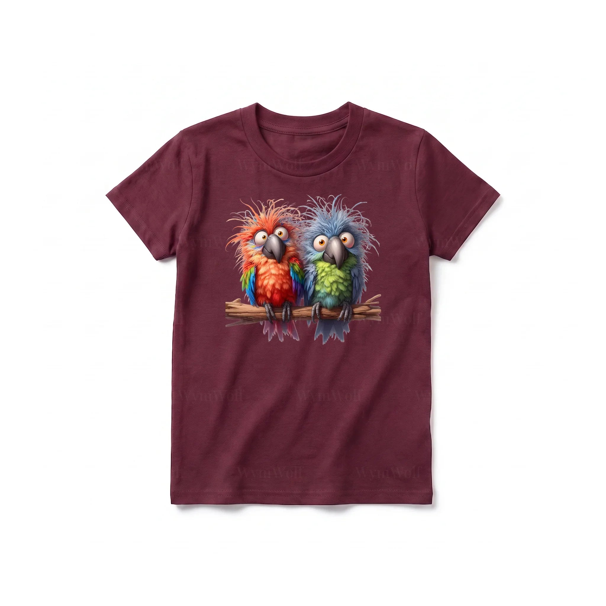 A maroon short-sleeve crewneck t-shirt for youth featuring a graphic of a quirky bird on the front.