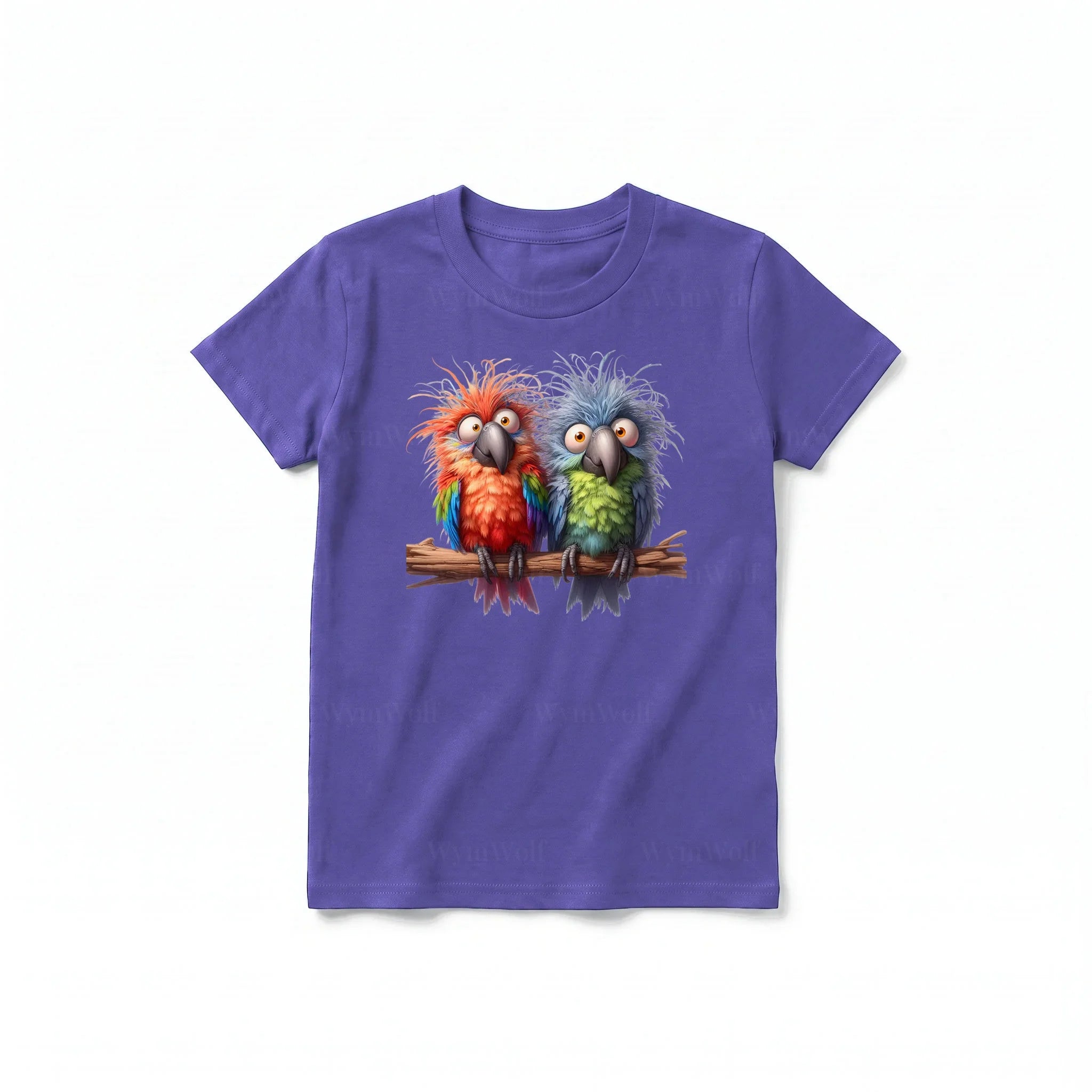 A purple short-sleeve crewneck t-shirt for youth featuring a graphic of a quirky bird on the front.
